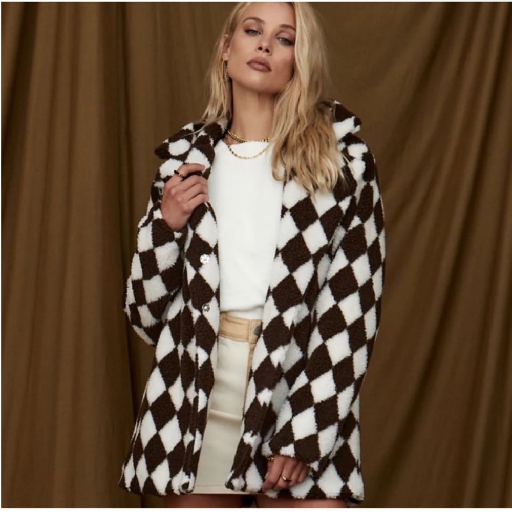 12th Tribe Brown and White Checkered Women's Fuzzy Coat